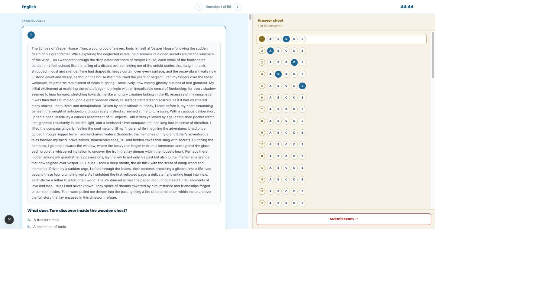 A real 11+ English mock exam in progress: the read-only booklet with a comprehension passage on the left, and the OMR-style answer sheet with a live countdown timer on the right, five of fifty-six questions answered so far